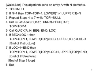 (QuickSort) This algorithm sorts an array A with N elements.
1. TOP=NULL
2. If N>1 then TOP=TOP+1, LOWER[1]=1, UPPER[1]=N
3. Repeat Steps 4 to 7 while TOP!=NULL
4. Set BEG=LOWER[TOP], END=UPPER[TOP]
TOP=TOP-1
5. Call QUICK(A, N, BEG, END, LOC)
6. If BEG<LOC-1 then
TOP=TOP+1, LOWER[TOP]=BEG, UPPER[TOP]=LOC-1
[End of If structure]
7. If LOC+1<END then
TOP=TOP+1, LOWER[TOP]=LOC+1, UPPER[TOP]=END
[End of If Structure]
[End of Step 3 loop]
8. Exit
40
 