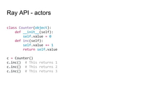 Ray API - actors
class Counter(object):
def __init__(self):
self.value = 0
def inc(self):
self.value += 1
return self.value
c = Counter()
c.inc() # This returns 1
c.inc() # This returns 2
c.inc() # This returns 3
 