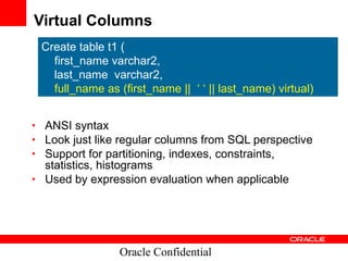 Virtual Columns ANSI syntax Look just like regular columns from SQL perspective Support for partitioning, indexes, constraints, statistics, histograms Used by expression evaluation when applicable Oracle Confidential Create table t1 ( first_name varchar2, last_name  varchar2, full_name as (first_name ||  ‘ ‘ || last_name) virtual) 