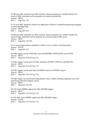 4
Copyright © 2014 Pearson Education, Inc.
32) Because SQL statements are table-oriented, whereas programs are variable-oriented, the
results of SQL statements used in programs are treated as pseudofiles.
Answer: TRUE
Diff: 2 Page Ref: 319
33) A set of SQL statements stored in an application written in a standard programming language
is called embedded SQL.
Answer: TRUE
Diff: 1 Page Ref: 319
34) Because SQL statements are table-oriented, whereas programs are variable-oriented, the
results of SQL statements used in programs are accessed using an SQL cursor.
Answer: TRUE
Diff: 2 Page Ref: 319-320
35) A stored program that is attached to a table or view is called a stored procedure.
Answer: FALSE
Diff: 2 Page Ref: 323
36) SQL triggers use the ANSI SQL keywords BEFORE, INSTEAD OF, and AFTER.
Answer: TRUE
Diff: 2 Page Ref: 323-325 Fig 7-23
37) SQL triggers can be used with SQL operations INSERT, UPDATE, and DELETE.
Answer: TRUE
Diff: 2 Page Ref: 323-325 Fig 7-23
38) SQL triggers can be used when the DBMS receives an INSERT request.
Answer: TRUE
Diff: 1 Page Ref: 323-325 Fig 7-23
39) SQL triggers are used for providing default values, validity checking, updating views, and
performing referential integrity actions.
Answer: TRUE
Diff: 1 Page Ref: 323-325
40) The Oracle DBMS supports the SQL BEFORE trigger.
Answer: TRUE
Diff: 2 Page Ref: 323-325 Fig 7-23
41) The SQL Server DBMS supports the SQL BEFORE trigger.
Answer: FALSE
Diff: 2 Page Ref: 323-325 Fig 7-23
 
