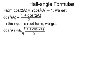 From cos(2A) = 2cos2(A) – 1, we get
1 + cos(2A)
2
cos2(A) =
In the square root form, we get
Half-angle Formulas
1 + cos(2A)
2
cos(A) =±

 