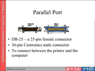 Parallel Port DB-25 – a 25-pin female connector 36-pin Centronics male connector To connect between the printer and the computer 