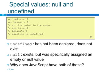 Special values: null and
undefined
29
var ned = null;
var benson = 9;
// at this point in the code,
// ned is null
// benson's 9
// caroline is undefined
JS
CS380
 undefined : has not been declared, does not
exist
 null : exists, but was specifically assigned an
empty or null value
 Why does JavaScript have both of these?
 