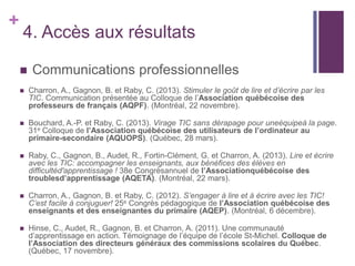 +

4. Accès aux résultats


Communications professionnelles



Charron, A., Gagnon, B. et Raby, C. (2013). Stimuler le goût de lire et d’écrire par les
TIC. Communication présentée au Colloque de l’Association québécoise des
professeurs de français (AQPF). (Montréal, 22 novembre).



Bouchard, A.-P. et Raby, C. (2013). Virage TIC sans dérapage pour uneéquipeà la page.
31e Colloque de l’Association québécoise des utilisateurs de l’ordinateur au
primaire-secondaire (AQUOPS). (Québec, 28 mars).



Raby, C., Gagnon, B., Audet, R., Fortin-Clément, G. et Charron, A. (2013). Lire et écrire
avec les TIC: accompagner les enseignants, aux bénéfices des élèves en
difficultéd'apprentissage ! 38e Congrèsannuel de l’Associationquébécoise des
troublesd’apprentissage (AQETA). (Montréal, 22 mars).



Charron, A., Gagnon, B. et Raby, C. (2012). S’engager à lire et à écrire avec les TIC!
C’est facile à conjuguer! 25e Congrès pédagogique de l’Association québécoise des
enseignants et des enseignantes du primaire (AQEP). (Montréal, 6 décembre).



Hinse, C., Audet, R., Gagnon, B. et Charron, A. (2011). Une communauté
d’apprentissage en action. Témoignage de l’équipe de l’école St-Michel. Colloque de
l’Association des directeurs généraux des commissions scolaires du Québec.
(Québec, 17 novembre).

 