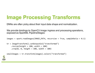 Image Processing Transforms
DNNs are often picky about their input data shape and normalization.
We provide bindings to OpenCV image ingress and processing operations,
exposed as SparkML PipelineStages:
images = spark.readImages(IMAGE_PATH, recursive = True, sampleRatio = 0.1)
tr = ImageTransform().setOutputCol("transformed")
.resize(height = 200, width = 200)
.crop(0, 0, height = 180, width = 180)
smallImages = tr.transform(images).select("transformed")
 