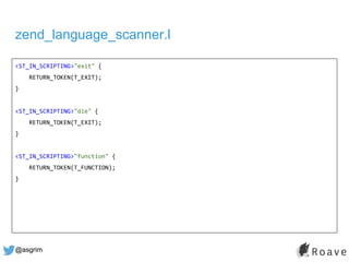 @asgrim
zend_language_scanner.l
<ST_IN_SCRIPTING>"exit" {
RETURN_TOKEN(T_EXIT);
}
<ST_IN_SCRIPTING>"die" {
RETURN_TOKEN(T_EXIT);
}
<ST_IN_SCRIPTING>"function" {
RETURN_TOKEN(T_FUNCTION);
}
 