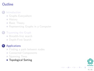 Outline
1 Introduction
Graphs Everywhere
History
Basic Theory
Representing Graphs in a Computer
2 Traversing the Graph
Breadth-ﬁrst search
Depth-First Search
3 Applications
Finding a path between nodes
Connected Components
Spanning Trees
Topological Sorting
78 / 84
 
