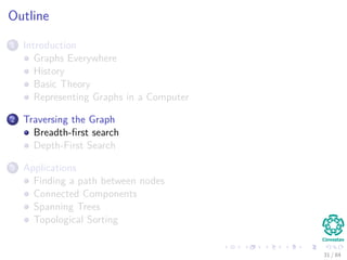 Outline
1 Introduction
Graphs Everywhere
History
Basic Theory
Representing Graphs in a Computer
2 Traversing the Graph
Breadth-ﬁrst search
Depth-First Search
3 Applications
Finding a path between nodes
Connected Components
Spanning Trees
Topological Sorting
31 / 84
 
