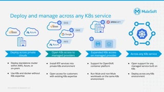 All contents © MuleSoft, LLC
Deploy and manage across any K8s service
Deploy across private
clouds
Open K8s access to
managed providers
Expanded K8s access
on managed provider
Across any K8s service
EKS
AKS
GKE
● Deploy standalone cluster
within AWS, Azure, or
on-prem
● Use K8s and docker without
K8s expertise
● Install RTF services into
private K8s environment
● Open access for customers
with existing K8s expertise
● Support for OpenShift
container platform
● Run Mule and non-Mule
workloads on the same K8s
environment
● Open support for any
managed service built on
K8s
● Deploy across any K8s
environment
 