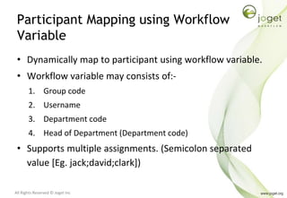 All Rights Reserved © Joget Inc
Participant Mapping using Workflow
Variable
• Dynamically map to participant using workflow variable.
• Workflow variable may consists of:-
1. Group code
2. Username
3. Department code
4. Head of Department (Department code)
• Supports multiple assignments. (Semicolon separated
value [Eg. jack;david;clark])
 