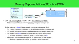 11 
Memory Representation of Structs – PODs 
pi 
struct Fraction { 
int num; 
int denom; 
}; 
Fraction pi; 
● UDTs only containing fields are often called plain old datatypes (PODs). 
– PODs have special features concerning memory we're going to analyze now. 
● Similar to arrays, a struct's fields reside in memory as a sequential block. 
– The Fraction pi is created on the stack, i.e. all its fields are stored on the stack as well. 
– The first field of pi (pi.num) resides on the lowest address, next fields on higher ones. 
– The address of the struct instance (&pi) is the same as of its first field (&pi.num). 
● W/o context, the address of pi could be the address of a Fraction instance or an int. 
– Assigning 22 to pi.num does really assign to the offset of 0B to pi's base address. 
● As pi.denom is 4B above pi.num's address, the 7 is stored to &pi plus an offset of 4B. 
? pi.denom 
? pi.num 
&pi (Fraction*) 
&pi.num (int*) 
4B 
8B 
higher addresses 
pi.num = 22; 
pi.denom = 7; 
7 
22 
 