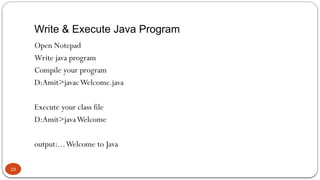 Write & Execute Java Program
19
Open Notepad
Write java program
Compile your program
D:Amit>javacWelcome.java
Execute your class file
D:Amit>javaWelcome
output:...Welcome to Java
 