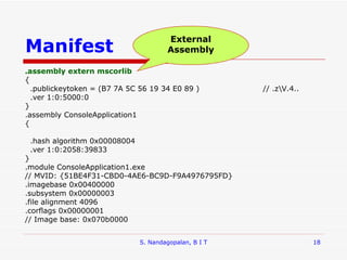 Manifest .assembly extern mscorlib { .publickeytoken = (B7 7A 5C 56 19 34 E0 89 )  // .z\V.4.. .ver 1:0:5000:0 } .assembly ConsoleApplication1 { .hash algorithm 0x00008004 .ver 1:0:2058:39833 } .module ConsoleApplication1.exe // MVID: {51BE4F31-CBD0-4AE6-BC9D-F9A4976795FD} .imagebase 0x00400000 .subsystem 0x00000003 .file alignment 4096 .corflags 0x00000001 // Image base: 0x070b0000 S. Nandagopalan, B I T External Assembly 
