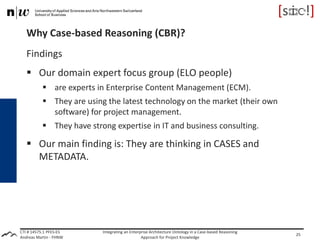 CTI # 14575.1 PFES-ES
Andreas Martin - FHNW
Why Case-based Reasoning (CBR)?
Findings
 Our domain expert focus group (ELO people)
 are experts in Enterprise Content Management (ECM).
 They are using the latest technology on the market (their own
software) for project management.
 They have strong expertise in IT and business consulting.
 Our main finding is: They are thinking in CASES and
METADATA.
Integrating an Enterprise Architecture Ontology in a Case-based Reasoning
Approach for Project Knowledge
25
 