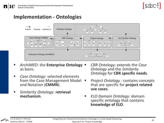 CTI # 14575.1 PFES-ES
Andreas Martin - FHNW
Implementation - Ontologies
 ArchiMEO: the Enterprise Ontology
as basis.
 Case Ontology: selected elements
from the Case Management Model
and Notation (CMMN).
 Similarity Ontology: retrieval
mechanism.
 CBR Ontology: extends the Case
Ontology and the Similarity
Ontology for CBR specific needs.
 Project Ontology : contains concepts
that are specific for project related
use cases.
 ELO Domain Ontology: domain
specific ontology that contains
knowledge of ELO.
Integrating an Enterprise Architecture Ontology in a Case-based Reasoning
Approach for Project Knowledge
43
 