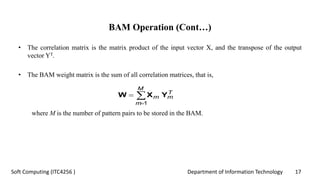 Department of Information Technology 17Soft Computing (ITC4256 )
BAM Operation (Cont…)
• The correlation matrix is the matrix product of the input vector X, and the transpose of the output
vector YT.
• The BAM weight matrix is the sum of all correlation matrices, that is,
where M is the number of pattern pairs to be stored in the BAM.
T
m
M
m
m YXW 


1
 