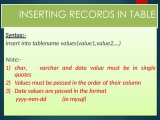 INSERTING RECORDS IN TABLE
Syntax:-
Insert into tablename values(value1,value2,…)
Note:-
1) char, varchar and date value must be in single
quotes
2) Values must be passed in the order of their column
3) Date values are passed in the format
yyyy-mm-dd (in mysql)
 
