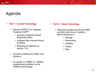 2
Agenda
 Part 1: Current Technology
 Review of RHEL 5.4, released
Tuesday 2-SEPT
 Inclusion of Named Saved
Segments (NSS)
 Updated fiber channel drivers
& utilities
 Rebasing of s390utils to
version 1.8.1
 Tentative roadmap for RHEL 6 for
System z
 An update on CMM2 (i.e. CMMA)
development activities via the
CMM-Lite technology
 Part 2: Future Technology
 What technologies are the joint IBM
and Red Hat Linux on System z
teams working on?
 Storage
 Networking
 Usability
 Crypto
 Misc
 