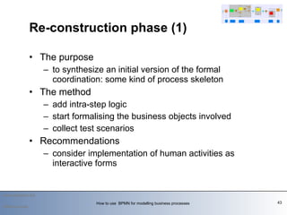The purpose  to synthesize an initial version of the formal coordination: some kind of process skeleton The method add intra-step logic start formalising the business objects involved collect test scenarios Recommendations consider implementation of human activities as interactive forms Re-construction phase (1) 2009-summer How to use  BPMN for modelling business processes  