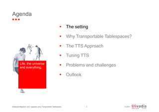 © 20102
Agenda
§ The setting
§ Why Transportable Tablespaces?
§ The TTS Approach
§ Tuning TTS
§ Problems and challenges
§ Outlook
Life, the universe
and everything.
Database-Migration and -Upgrade using Transportable Tablespaces
 