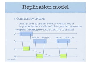 Replication model

         ‣ Consistency criteria
              -
              Ideally, deﬁnes system behavior regardless of
              implementation details and the operation semantics
           - Is the ack(x)
          write(x,1) following execution intuitive to clients?

        c1
                       read(x)   return(0)   read(x)   return(1)

        c2

        s1

        s2
© F. Pedone                                                        13
 