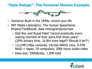 “Data Deluge”: The Personal Memex Example



• Vannevar Bush in the 1940s: record your life
• MIT Media Laboratory: The Human Speechome
  Project/TotalRecall, data mining/analysis/visio
   • Deb Roy and Rupal Patel ―record practically every
     waking moment of their son‘s first three years‖
     (20% privacy time…Is this even legal?! Should it be?!)
   • 11x1MP/14fps cameras, 14x16b-48KHz mics, 4.4TB
     RAID + tapes, 10 computers; 200k hours audio-video
   • Data size: 200GB/day, 1.5PB total

                                                      11
 