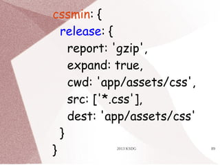 2013 KSDG 89
cssmin: {
release: {
report: 'gzip',
expand: true,
cwd: 'app/assets/css',
src: ['*.css'],
dest: 'app/assets/css'
}
}
 