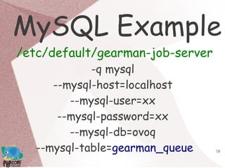 59
MySQL Example
/etc/default/gearman-job-server
-q mysql
--mysql-host=localhost
--mysql-user=xx
--mysql-password=xx
--mysql-db=ovoq
--mysql-table=gearman_queue
 