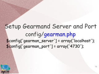 73
Setup Gearmand Server and Port
config/gearman.php
$config['gearman_server'] = array('localhost');
$config['gearman_port'] = array('4730');
 