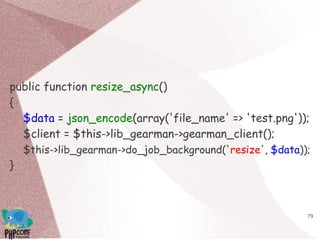 79
public function resize_async()
{
$data = json_encode(array('file_name' => 'test.png'));
$client = $this->lib_gearman->gearman_client();
$this->lib_gearman->do_job_background('resize', $data));
}
 