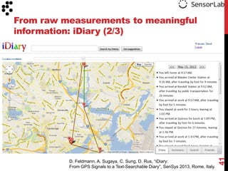D. Feldmann, A. Sugaya, C. Sung, D. Rus, “iDiary:
From GPS Signals to a Text-Searchable Diary”, SenSys 2013, Rome, Italy.

41

From raw measurements to meaningful
information: iDiary (2/3)

 
