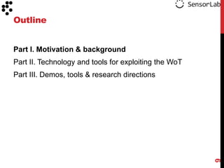 Outline
Part I. Motivation & background

Part II. Technology and tools for exploiting the WoT

9

Part III. Demos, tools & research directions

 