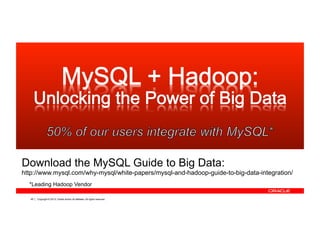 Copyright © 2013, Oracle and/or its affiliates. All rights reserved.48
*Leading Hadoop Vendor
Download the MySQL Guide to Big Data:
http://www.mysql.com/why-mysql/white-papers/mysql-and-hadoop-guide-to-big-data-integration/
 