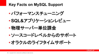 92 Copyright © 2013, Oracle and/or its affiliates. All rights reserved.
Key Facts on MySQL Support
• パフォーマンスチューニング
• SQL&アプリケーションレビュー
• 物理サーバー単位課金
• ソースコードレベルからのサポート
• オラクルのライフタイムサポート
 