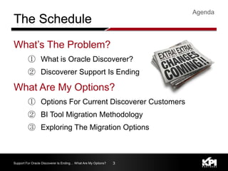 What’s The Problem?
① What is Oracle Discoverer?
② Discoverer Support Is Ending
What Are My Options?
① Options For Current Discoverer Customers
② BI Tool Migration Methodology
③ Exploring The Migration Options
Agenda
3Support For Oracle Discoverer Is Ending… What Are My Options?
 