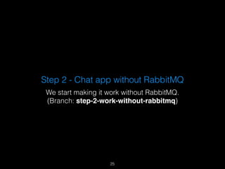 Step 2 - Chat app without RabbitMQ 
We start making it work without RabbitMQ. 
(Branch: step-2-work-without-rabbitmq) 
25 
 