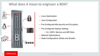 What does it mean to engineer a BDA? 
 Linux Optimization 
 Java Configuration 
 Pre-Configured AAA security and Encryption 
 Pre-Configured Hadoop Settings 
 Ex: HDFS, Memory and MR Slots 
 Network Optimizations 
 Node Configurations (Roles and Growth) 
Copyright © 2014 Oracle and/or its affiliates. All rights reserved. | 
 