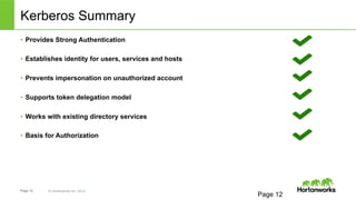 Kerberos Summary 
• Provides Strong Authentication 
• Establishes identity for users, services and hosts 
• Prevents impersonation on unauthorized account 
• Supports token delegation model 
• Works with existing directory services 
• Basis for Authorization 
Page 12 © Hortonworks Inc. 2014 
Page 12 
 