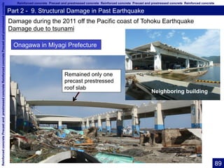 ReinforcedconcretePrecastandprestressedconcreteReinforcedconcretePrecastandprestressedconcrete Reinforced concrete Precast and prestressed concrete Reinforced concrete Precast and prestressed concrete Reinforced concrete
Damage during the 2011 off the Pacific coast of Tohoku Earthquake
Damage due to tsunami	
Part 2 - 9. Structural Damage in Past Earthquake
残っているＳＣＳ版
合計　6枚
Neighboring building	
Remained only one
precast prestressed
roof slab	
89	
Onagawa in Miyagi Prefecture	
 