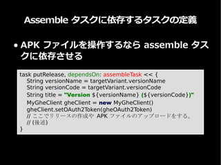 Assemble タスクに依存するタスクの定義
● APK ファイルを操作するなら assemble タス
クに依存させる
task putRelease, dependsOn: assembleTask << {
String versionName = targetVariant.versionName
String versionCode = targetVariant.versionCode
String title = "Version ${versionName} (${versionCode})"
MyGheClient gheClient = new MyGheClient()
gheClient.setOAuth2Token(gheOAuth2Token)
// ここでリリースの作成や APK ファイルのアップロードをする。
// (後述)
}
 