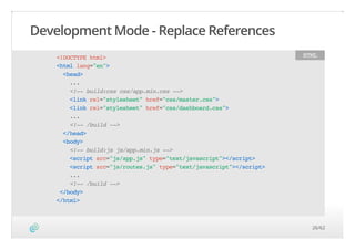Development Mode - Replace References
<!DOCTYPEhtml>
<htmllang="en">
<head>
...
<!--build:csscss/app.min.css-->
<linkrel="stylesheet"href="css/master.css">
<linkrel="stylesheet"href="css/dashboard.css">
...
<!--/build-->
</head>
<body>
<!--build:jsjs/app.min.js-->
<scriptsrc="js/app.js"type="text/javascript"></script>
<scriptsrc="js/routes.js"type="text/javascript"></script>
...
<!--/build-->
</body>
</html>
HTML
26/62
 