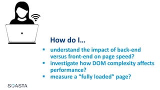 How do I…
 understand the impact of back-end
versus front-end on page speed?
 investigate how DOM complexity affects
performance?
 measure a “fully loaded” page?
 