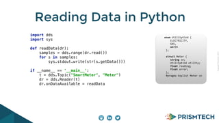 CopyrightPrismTech,2015
Reading Data in Python
import dds 
import sys 
 
def readData(dr):  
samples = dds.range(dr.read()) 
for s in samples: 
sys.stdout.write(str(s.getData())) 
 
if __name__ == '__main__': 
t = dds.Topic("SmartMeter", "Meter") 
dr = dds.Reader(t) 
dr.onDataAvailable = readData
					enum	UtilityKind	{	
	 				ELECTRICITY,	
	 				GAS,	
	 				WATER	
						};	
							
						struct	Meter	{	
	 				string	sn;	
	 				UtilityKind	utility;	
	 				float	reading;	
	 				float	error;	
						};													
						#pragma	keylist	Meter	sn	
 