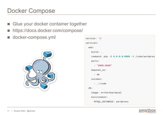 Docker Compose
n  Glue your docker container together
n  https://docs.docker.com/compose/
n  docker-compose.yml
2016-10-15
11 | Ricardo Melo - @rjsmelo
 