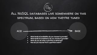 All NoSQL databases live somewhere on this
spectrum, based on how they’re tuned
ACID BASE
● What levels of availability do you choose to provide?
● What levels of consistency do you choose to provide?
● What do you do when a partition is detected?
● How do you recover from a partition event?
 