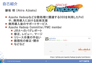© 2017 NTT DATA Corporation 2
鯵坂 明 (Akira Ajisaka)
 Apache Hadoopなど分散処理に関連するOSSを利用したPoC
や、商用導入における技術支援
 商用導入後のサポートサービス
 Apache Hadoop Committer/PMC member
 JIRAへのバグレポート
 修正、レビュー、マージ
 リリース作業の手伝い
 脆弱性の修正・開示
 などなど
自己紹介
https://github.com/apache/hadoop/graphs/contributors
 