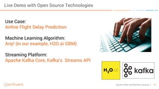 16Apache Kafka and Machine Learning
Use Case:
Airline Flight Delay Prediction
Machine Learning Algorithm:
Any! (in our example, H2O.ai GBM)
Streaming Platform:
Apache Kafka Core, Kafka’s Streams API
Live Demo with Open Source Technologies
 