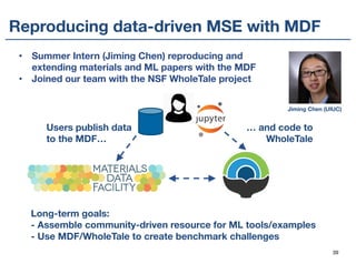 • Summer Intern (Jiming Chen) reproducing and
extending materials and ML papers with the MDF
• Joined our team with the NSF WholeTale project
Reproducing data-driven MSE with MDF
Users publish data
to the MDF…
… and code to
WholeTale
Long-term goals:
- Assemble community-driven resource for ML tools/examples
- Use MDF/WholeTale to create benchmark challenges
Jiming Chen (UIUC)
39
 