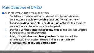 © OPITZ CONSULTING 2017
Strategies for Efficient Delivery with APIs, Containers, Microservices,
DevOps
Seite 13
Main Objectives of OMESA
 All in all, OMESA has 4 main objectives:
1. To deliver a modern and enterprise-wide software reference
architecture suitable to combine ”existing" with the "new"
2. Provide guiding principles and definition of terms to ensure the
architecture can be interpreted and applied
3. Deliver a vendor agnostic capability model that can add tangible
business value to organizations
4. Bring back architectural best practices (based on real live
experiences) into modern solutions that are suitable for
organizations of any size and industry
 