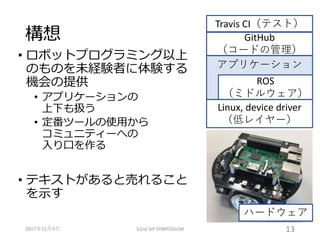 アプリケーション
構想
• ロボットプログラミング以上
のものを未経験者に体験する
機会の提供
• アプリケーションの
上下も扱う
• 定番ツールの使用から
コミュニティーへの
入り口を作る
• テキストがあると売れること
を示す
2017年11月9日 32nd SIP SYMPOSIUM 13
GitHub
（コードの管理）
Travis CI（テスト）
ROS
（ミドルウェア）
Linux, device driver
（低レイヤー）
ハードウェア
 
